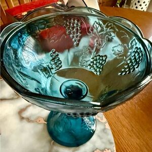 Vintage Blue Glass Grape Pattern Bowl